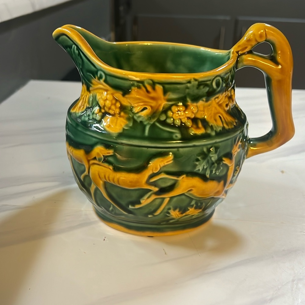 A green and gold vintage dog lover Abigail’s pitcher